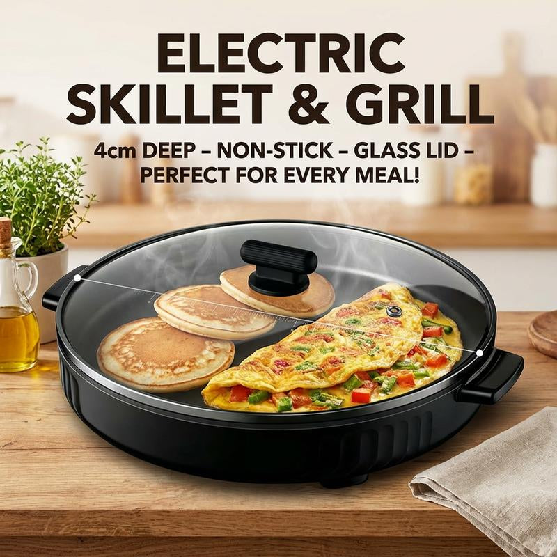 Multi-Functional Electric Skillet & Grill 4Cm Extra Deep Non-Stick Surface Easy to Clean Perfect for Breakfast Pancakes Eggs Daily Cooking