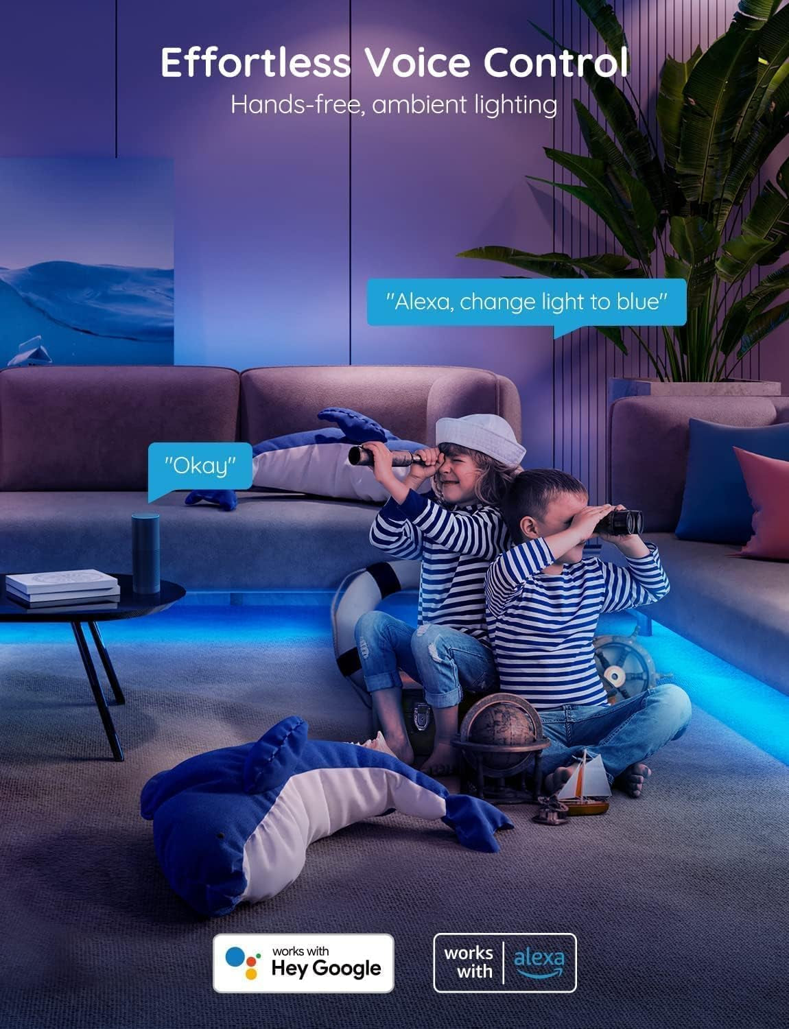 Smart RGB LED Strip Lights, 16.4Ft Wifi LED Strip Lighting Work with Alexa and Google Assistant, 16 Million Colors with App Control and Music Sync LED Lights for Bedroom, Home Decor