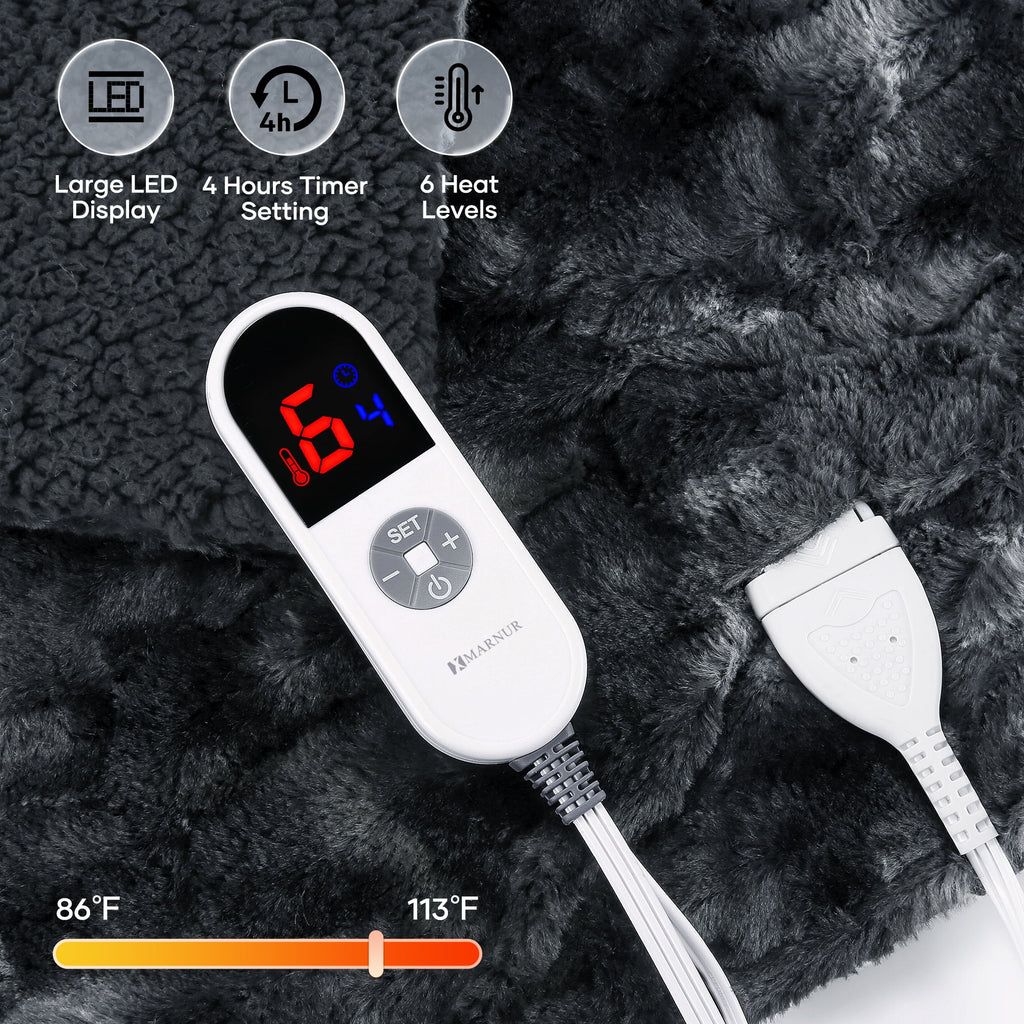 Heated Blanket Electric Throw 50" X 60", Soft Faux Fur & Shu Velvet Heated Throw Blanket, 6 Heating Levels, 4 Hours Timer, Tie-Dye off Black