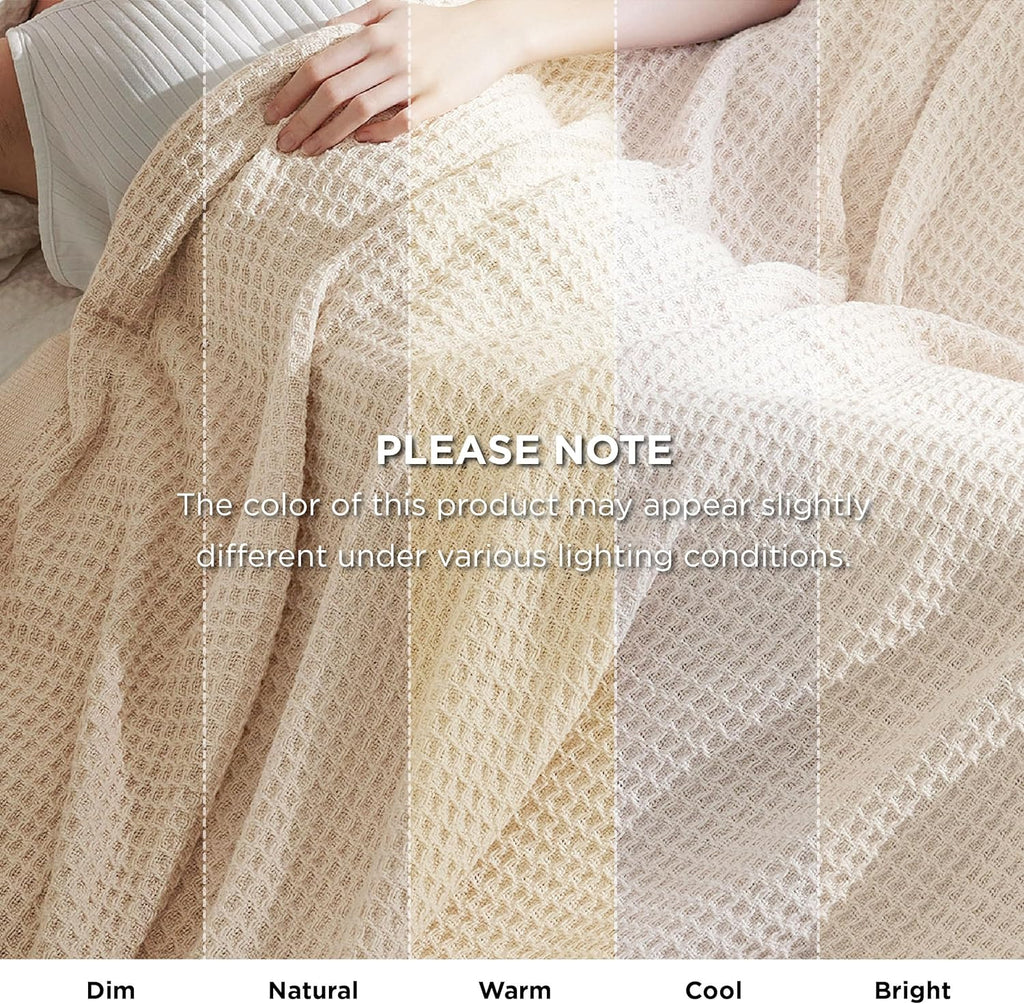 Gentlesoft 100% Cotton Blanket Queen Size for Bed - Breathable and Soft, Thick Cozy Waffle Weave Christmas Blanket Gift for Women, Yellowish Cream, 90X90 Inches